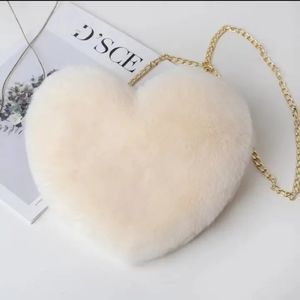 White Heart Shaped Fluffy Shoulder Bag, Fashion Chain Crossbody Bag,